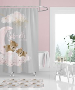 Adorable Pink and Gray Teddy Bear Shower Curtain for Girls Bathroom, Moon and Stars Theme