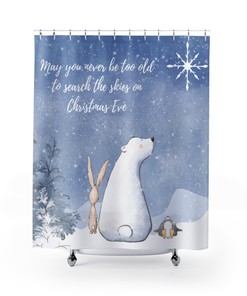 Adorable Polar Bear Penguin Christmas Shower CurtainAnimal Holiday Theme Bathroom Decor 