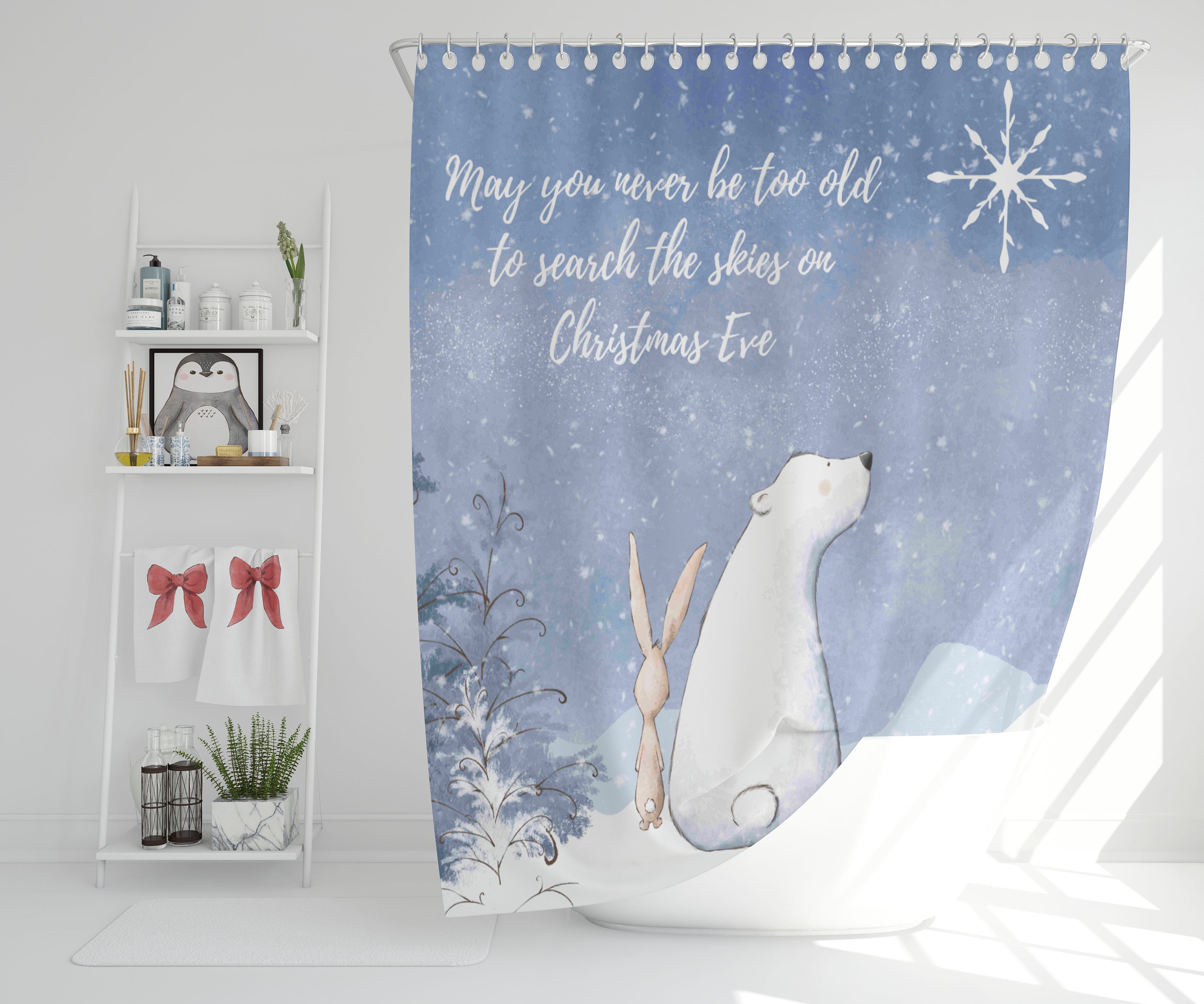 Adorable Polar Bear Penguin Christmas Shower CurtainAnimal Holiday Theme Bathroom Decor