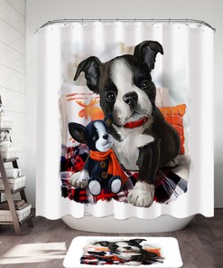 Adorable Puppy Doll And Dog Painting Shower Curtain, Cute Art For Kid'S Bathroom