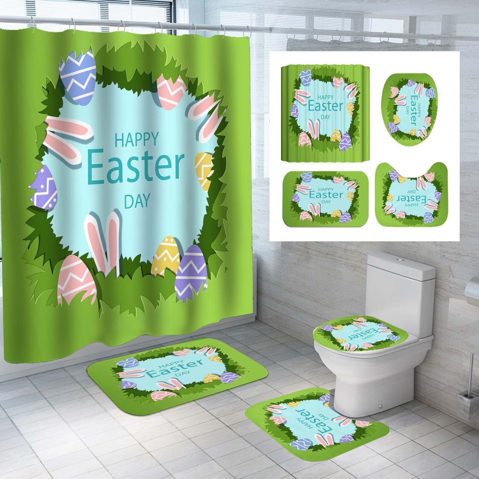 Adorable Rabbit Ears and Egg Grass Shower Curtain for a Fun Easter Theme
