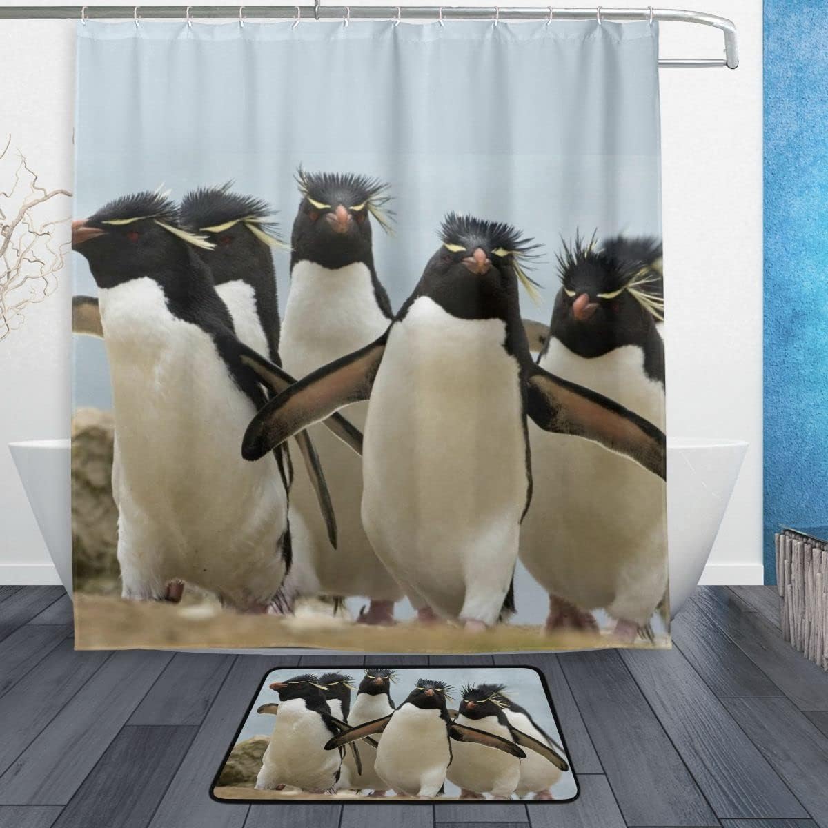 Adorable Rockhopper Penguins Shower Curtain with Waterproof Material for Your Bathroom Decor