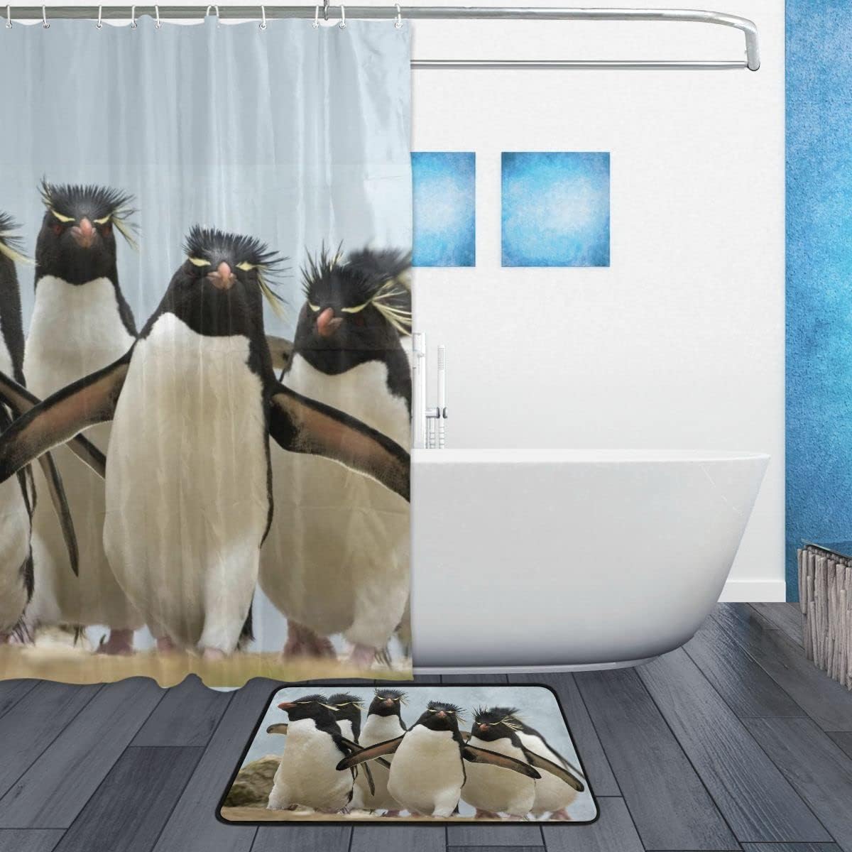 Adorable Rockhopper Penguins Shower Curtain with Waterproof Material for Your Bathroom Decor