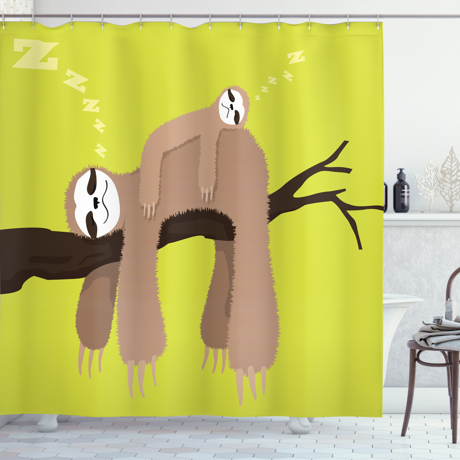 Adorable Sloth Cartoon Mother and Baby Shower Curtain, Charming Bathroom Decor