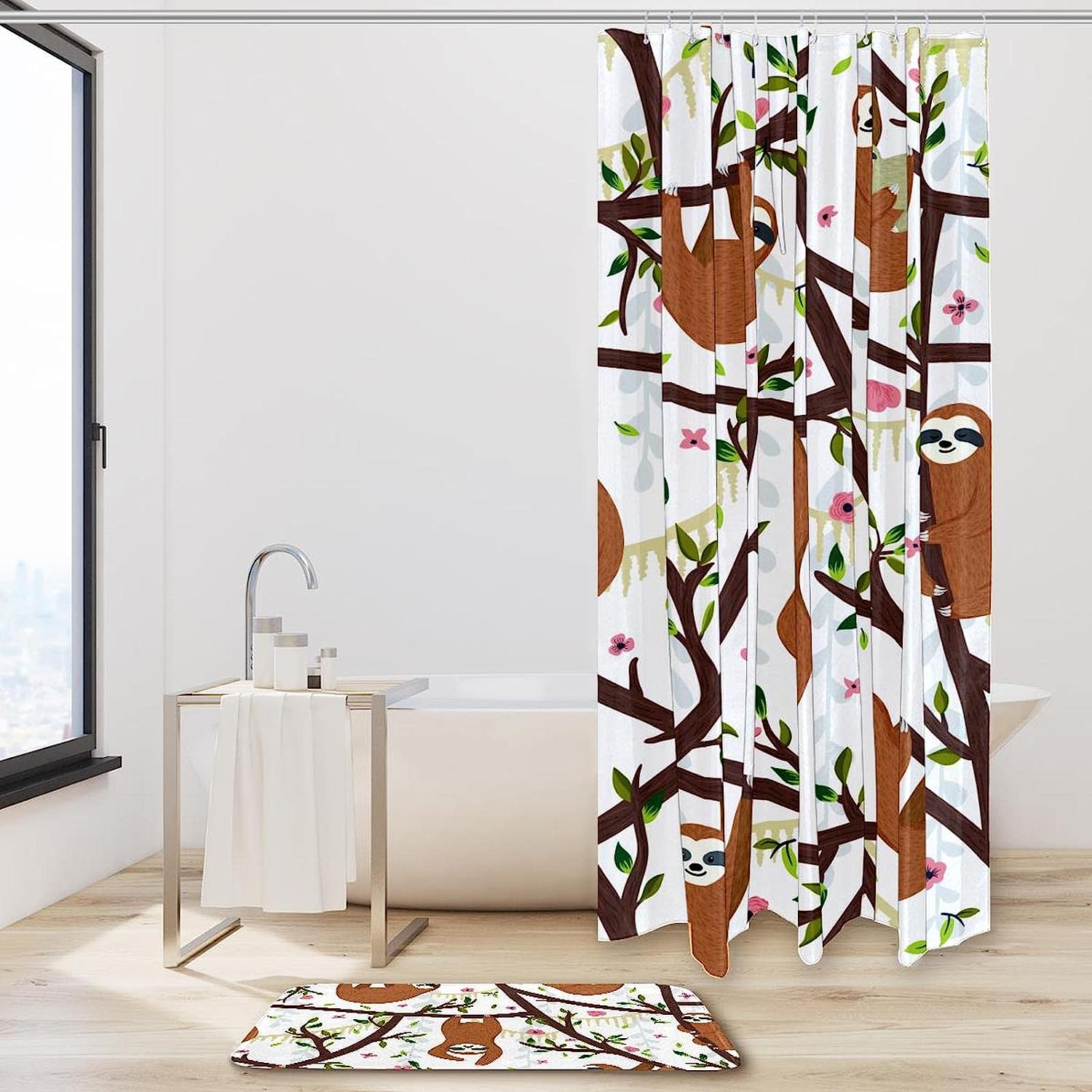 Adorable Sloths Hanging On The Tree Shower Curtain, Perfect For Animal And Nature Lovers Bathroom Decor