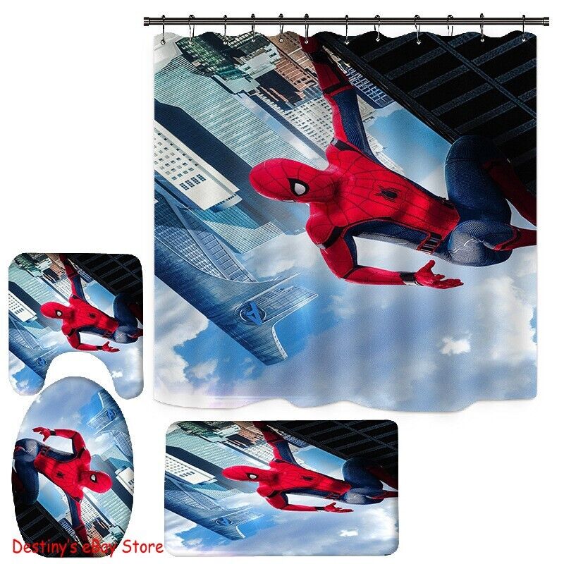 Adorable Spiderman Foot Mat Bathroom Mat Shower Curtain Set for Playful Design