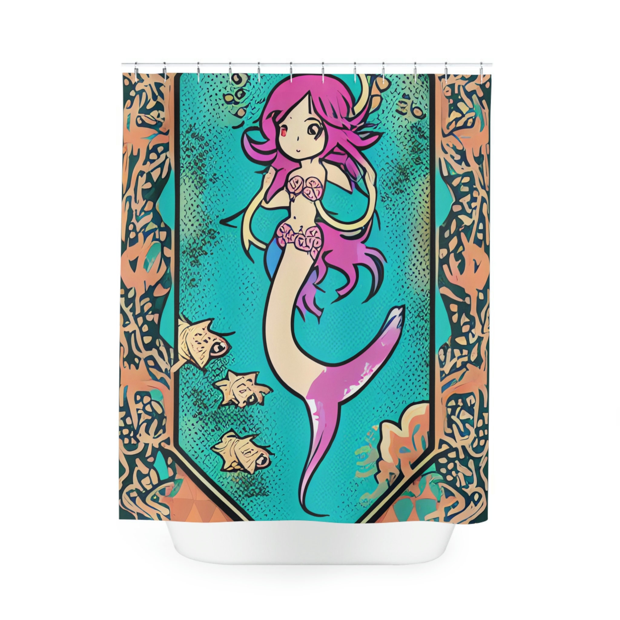 Adorable Underwater Print Mermaid Shower Curtain- Ocean Art Design for Kids Bathroom