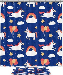 Adorable Unicorn Balloon Stars Clouds Shower Curtain For Playful Bathroom Decor