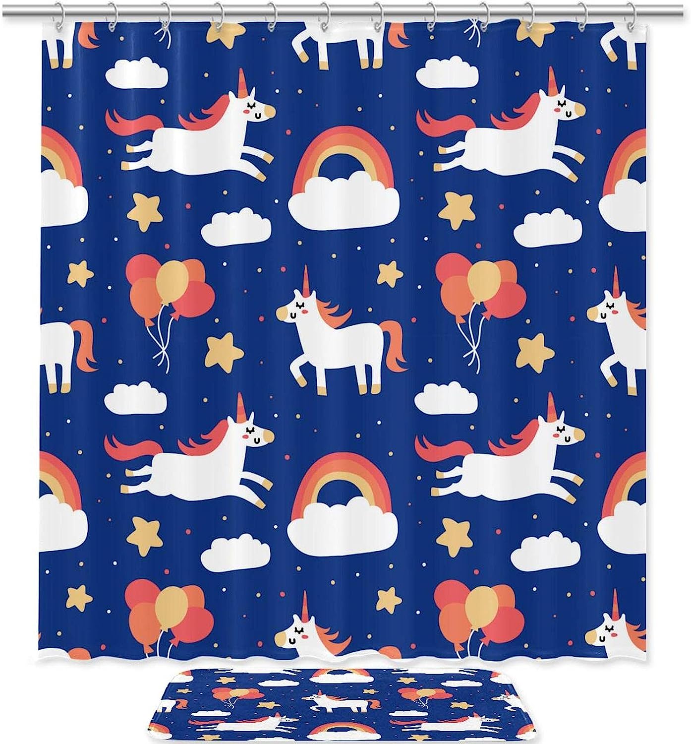 Adorable Unicorn Balloon Stars Clouds Shower Curtain For Playful Bathroom Decor