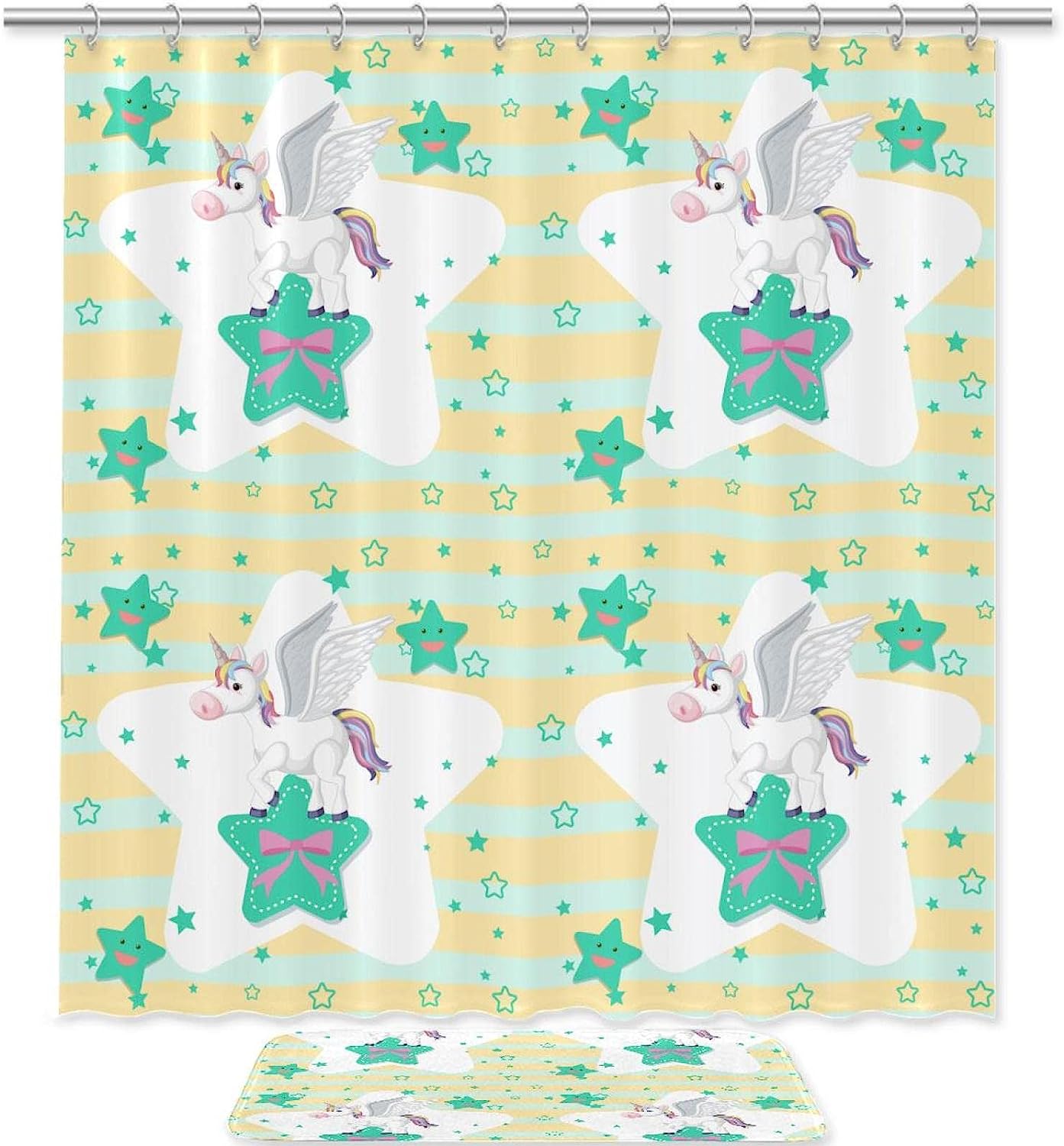Adorable Unicorn On Star Stripes Pattern Shower Curtain For Enchanting Bathroom Decor