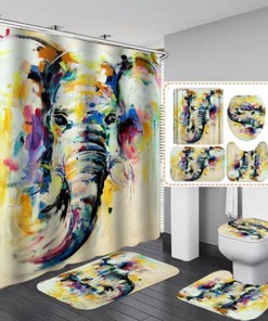 Adorable Watercolor Elephant Bath and Shower Curtain with No-Slip Lid for Added Safety
