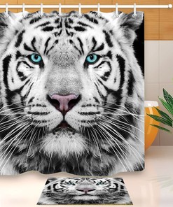 Adorable White Siberian Tiger Face Shower Curtain and Bathroom Mat, Waterproof and Durable
