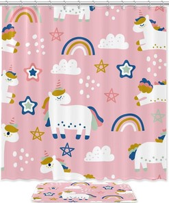 Adorable White Unicorn Cloud Doodle Star Rainbow Shower Curtain Mat for Cute Bathroom Shower