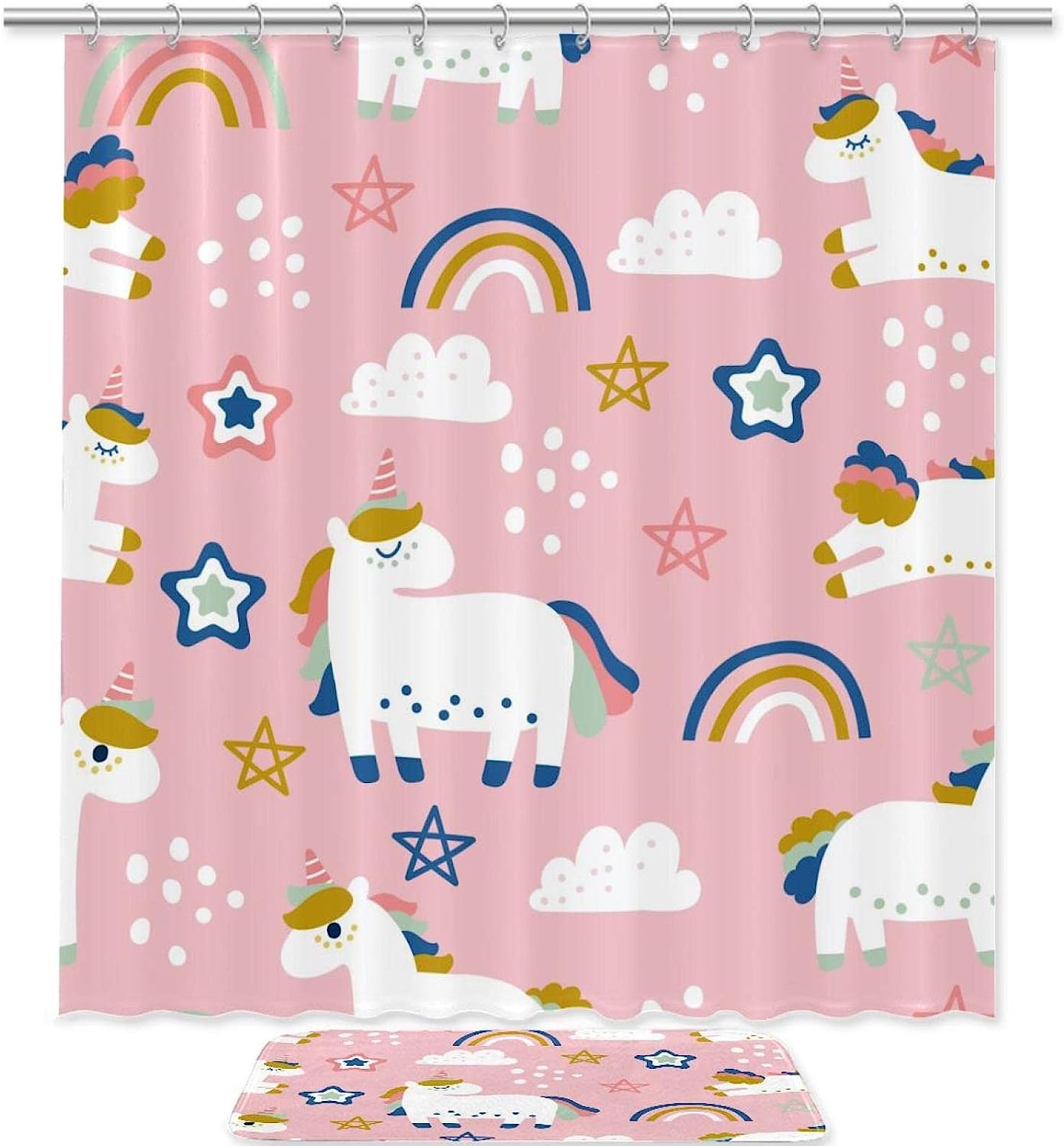 Adorable White Unicorn Cloud Doodle Star Rainbow Shower Curtain Mat for Cute Bathroom Shower