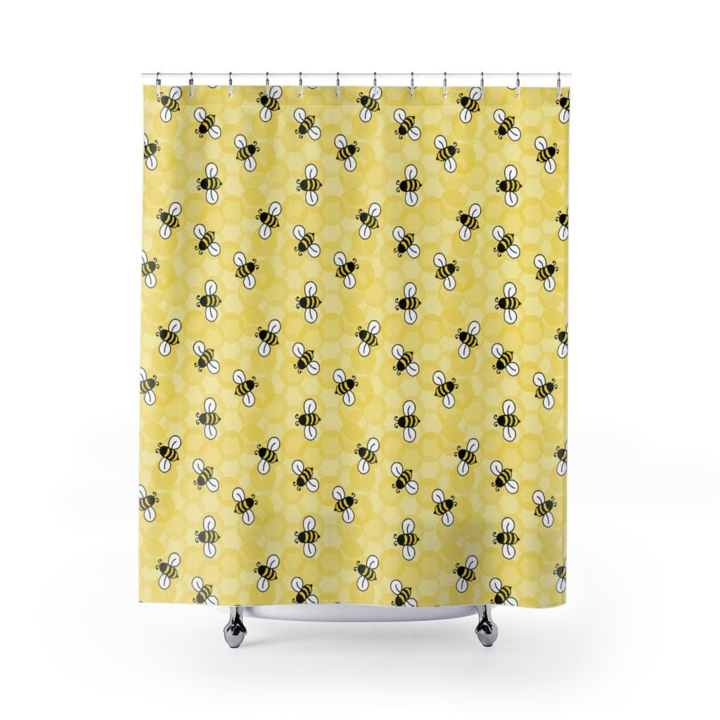 Adorable Yellow Bumble Bee Shower Curtain with Honey Comb Design for a Sweet Bath