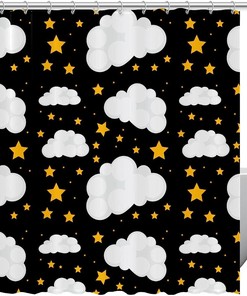 Adorable Yellow Stars and White Clouds Pattern Shower Curtain for a Dreamy Bathroom Decor 