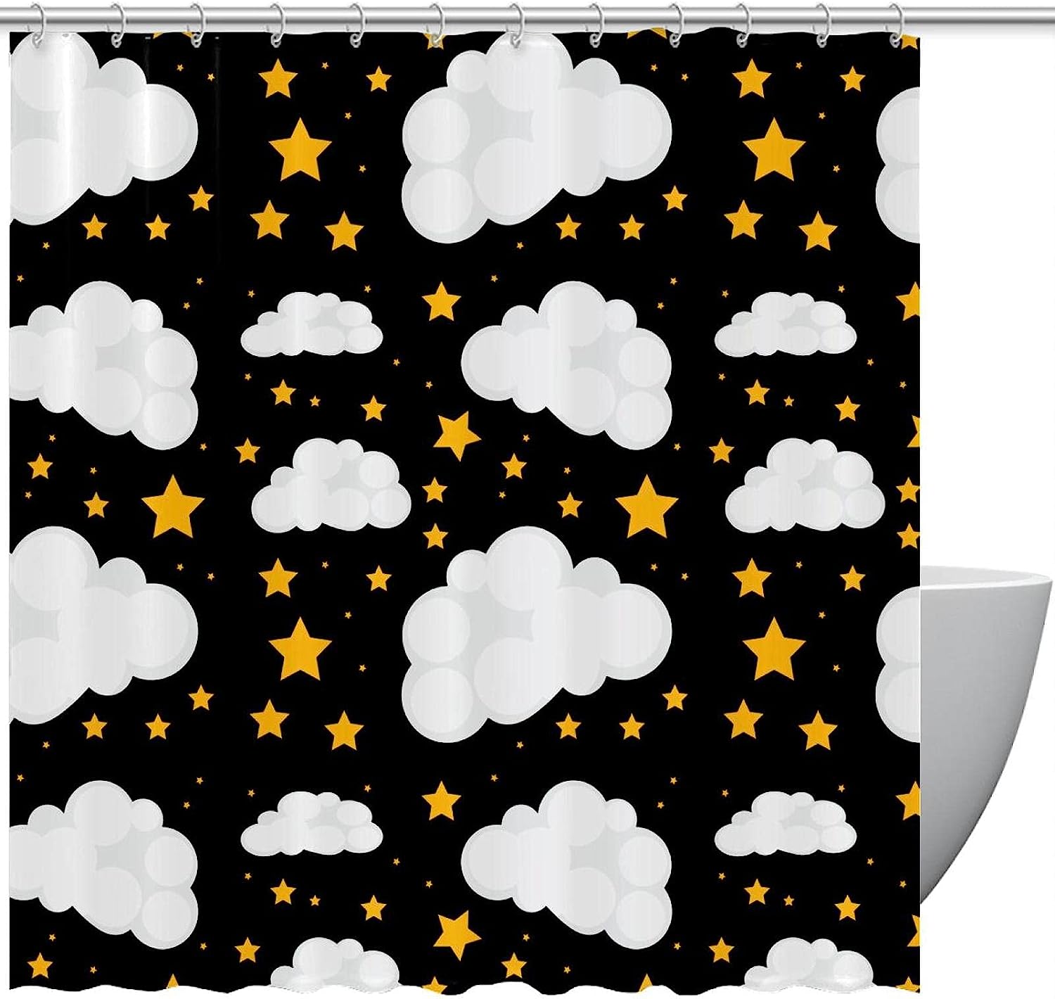 Adorable Yellow Stars and White Clouds Pattern Shower Curtain for a Dreamy Bathroom Decor