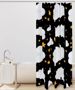 Adorable Yellow Stars and White Clouds Pattern Shower Curtain for a Dreamy Bathroom Decor