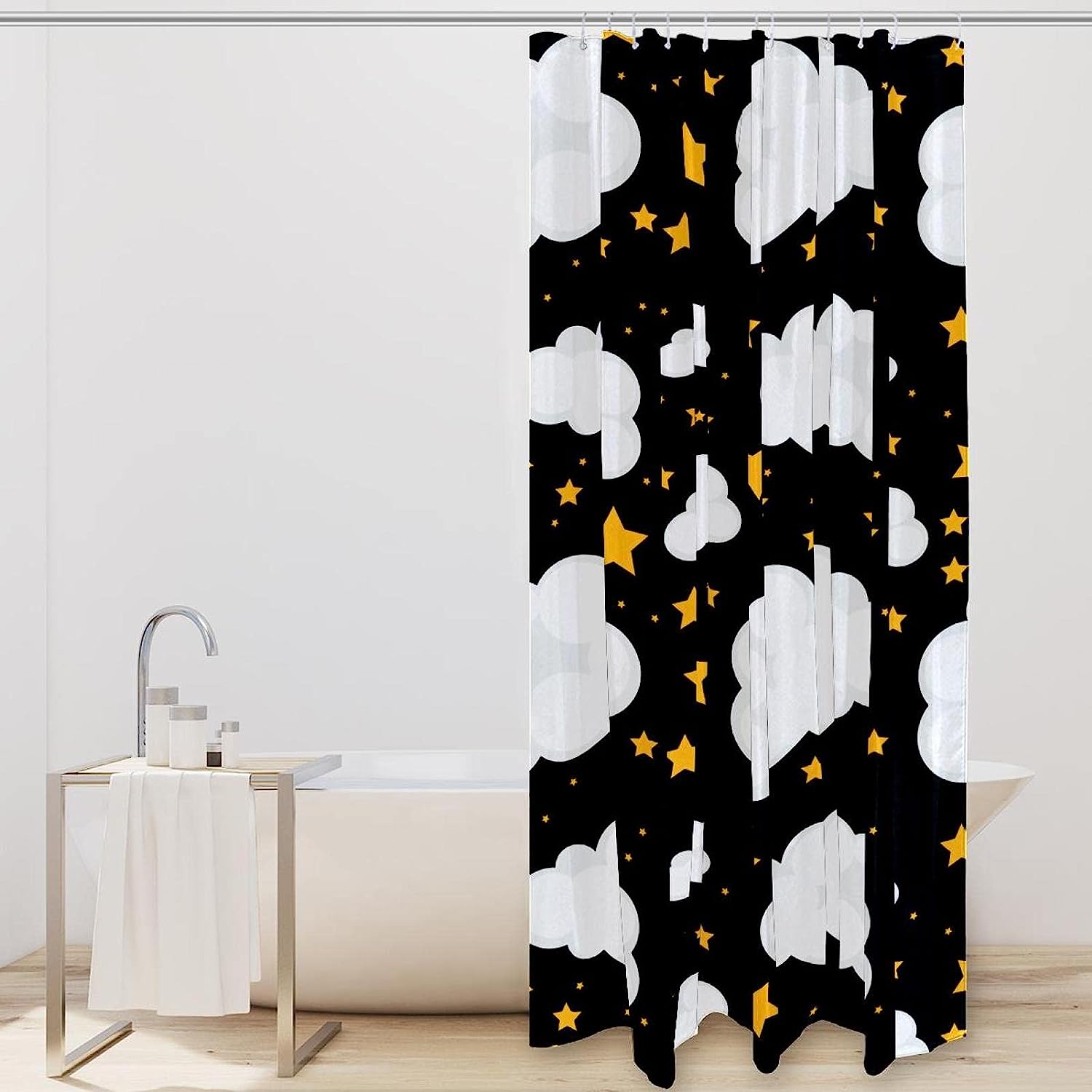 Adorable Yellow Stars and White Clouds Pattern Shower Curtain for a Dreamy Bathroom Decor