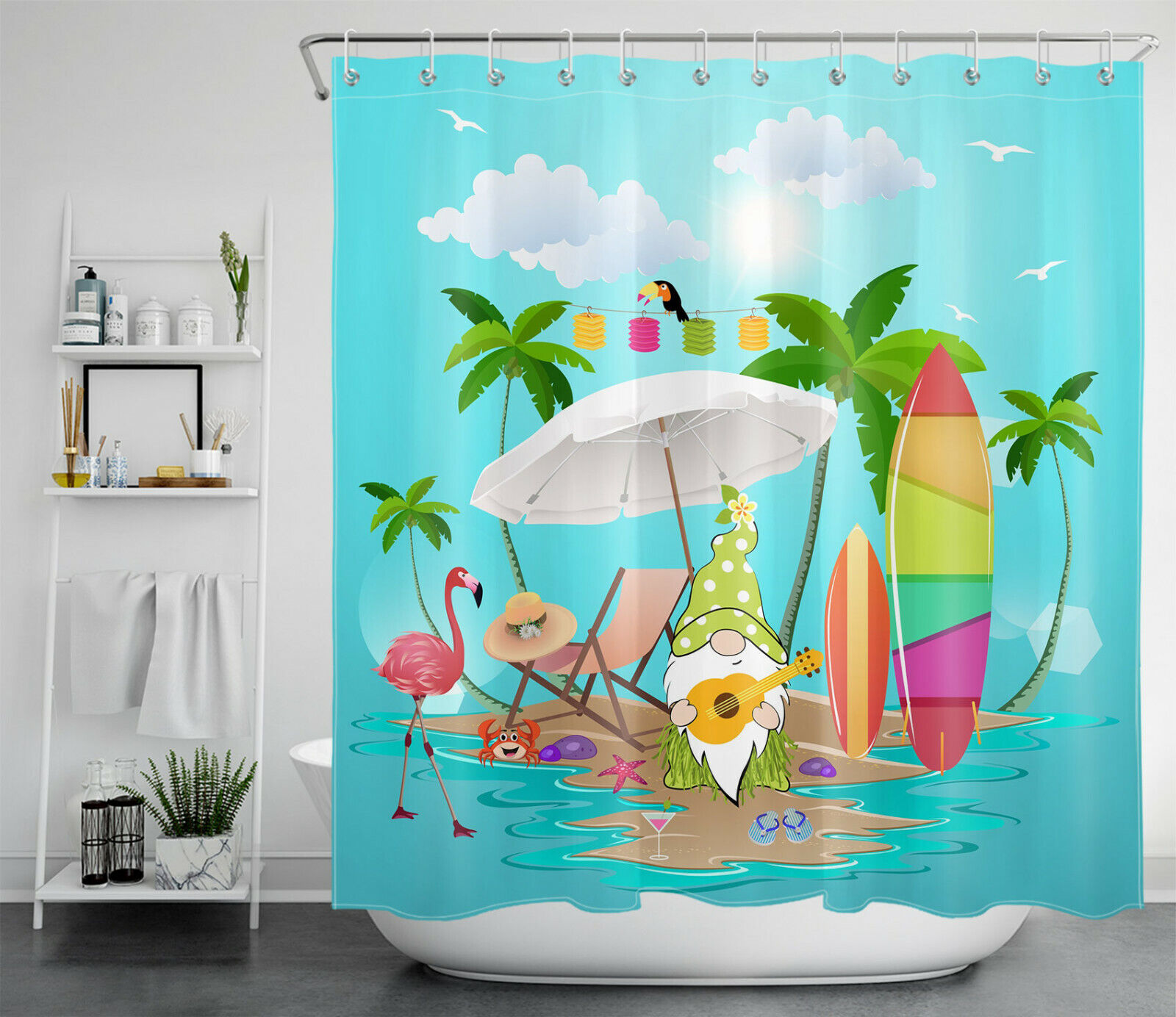Adorable and Funny Flamingo Gnome Shower Curtain for a Whimsical Bathroom