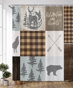 Adventure Awaits Buffalo Plaid Shower Curtain With Retro Rustic Lodge Bear Moose Deer Elk Wolf Forest Hunting Style