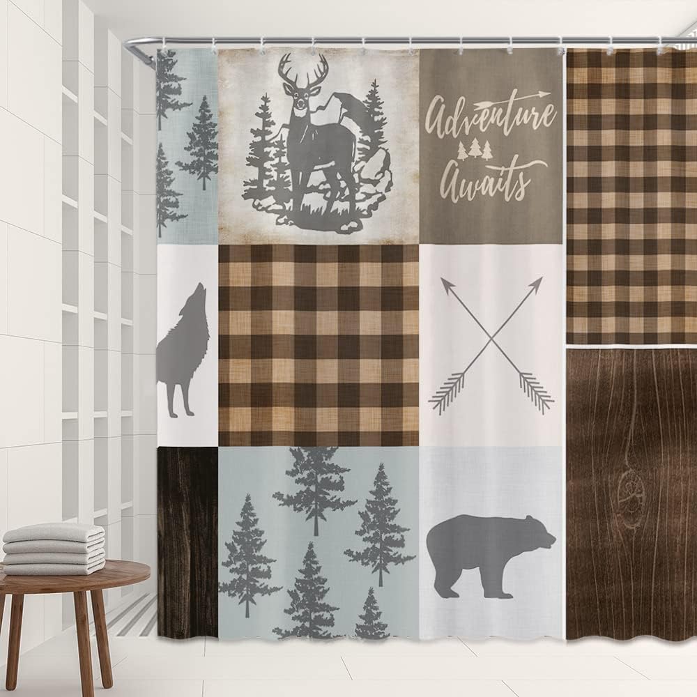 Adventure Awaits Buffalo Plaid Shower Curtain With Retro Rustic Lodge Bear Moose Deer Elk Wolf Forest Hunting Style - Image 2