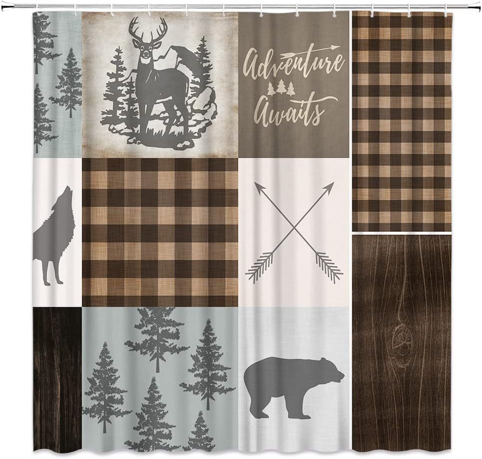 Adventure Awaits Buffalo Plaid Shower Curtain With Retro Rustic Lodge Bear Moose Deer Elk Wolf Forest Hunting Style - Image 3