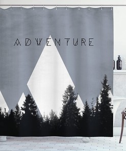 Adventure Shower Curtain - Forest Halftone Effect Hipster Typography Camping In Mountains - Cloth Fabric Bathroom Decorr