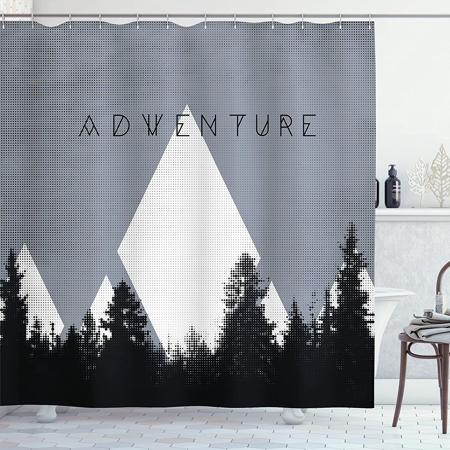 Adventure Shower Curtain - Forest Halftone Effect Hipster Typography Camping In Mountains - Cloth Fabric Bathroom Decorr