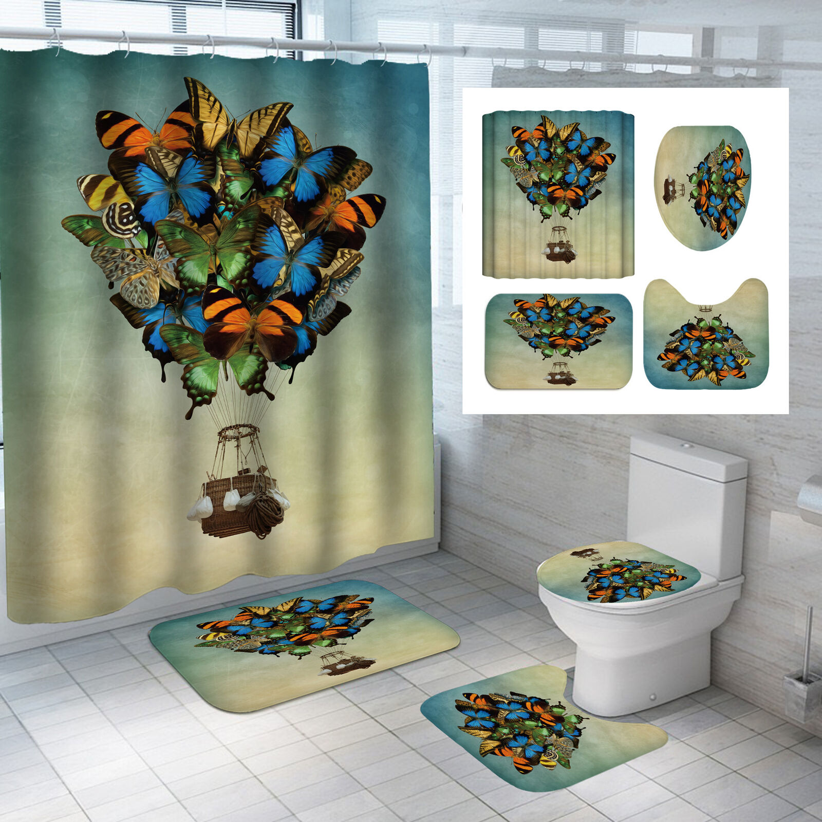 Adventure-Style Butterfly Hot-Air Balloon Waterproof Shower Curtain For Bathroom Decor