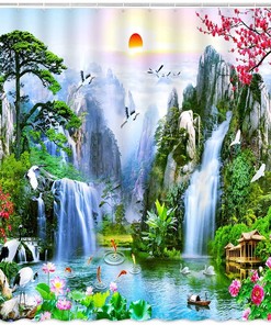 Aembee Forest Birds Flower Tree Sunset Mountain Shower Curtain