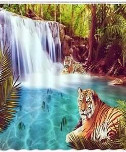 Aembee Green Forest Tiger Big Cat Palm Leaves Shower Curtain