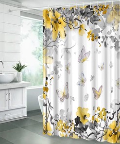 Aembee Yellow Floral Butterflies Watercolor Shower Curtain - Abstract Ink Painting Nature Plant Botanical Scenery