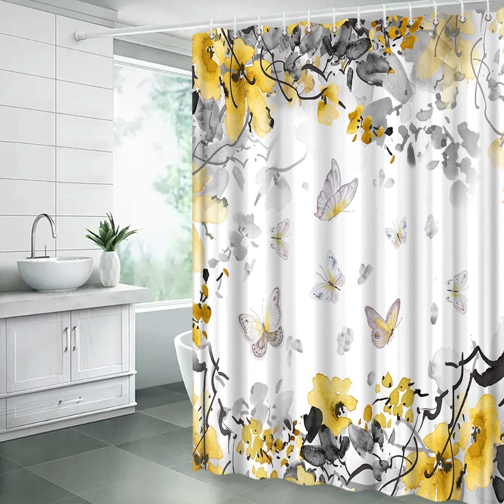 Aembee Yellow Floral Butterflies Watercolor Shower Curtain - Abstract Ink Painting Nature Plant Botanical Scenery