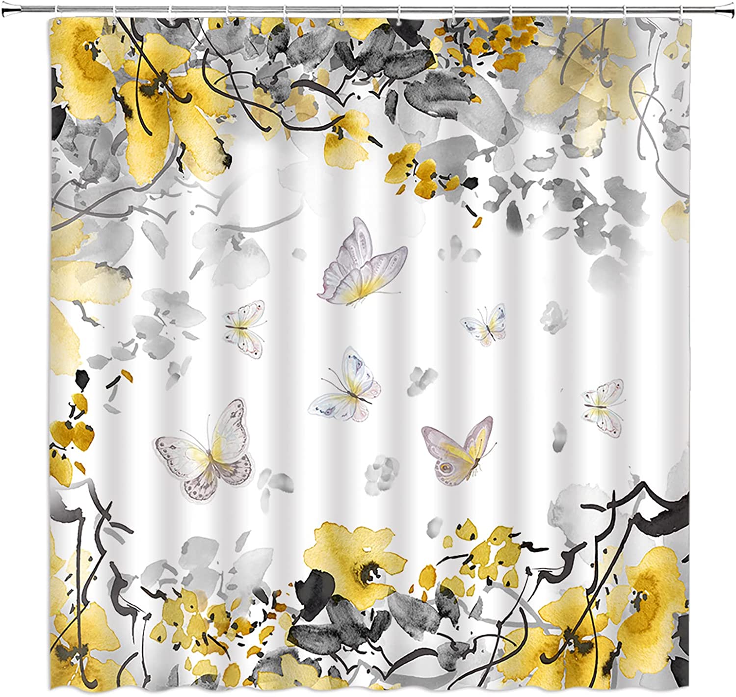 Aembee Yellow Floral Butterflies Watercolor Shower Curtain - Abstract Ink Painting Nature Plant Botanical Scenery - Image 2