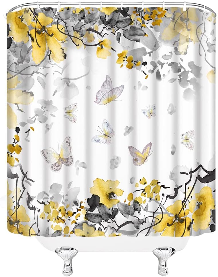 Aembee Yellow Floral Butterflies Watercolor Shower Curtain - Abstract Ink Painting Nature Plant Botanical Scenery - Image 3
