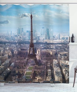 Aerial View Of Eiffel Tower Shower Curtain - Cloth Fabric Bathroom Decor In Pale Blue Brown