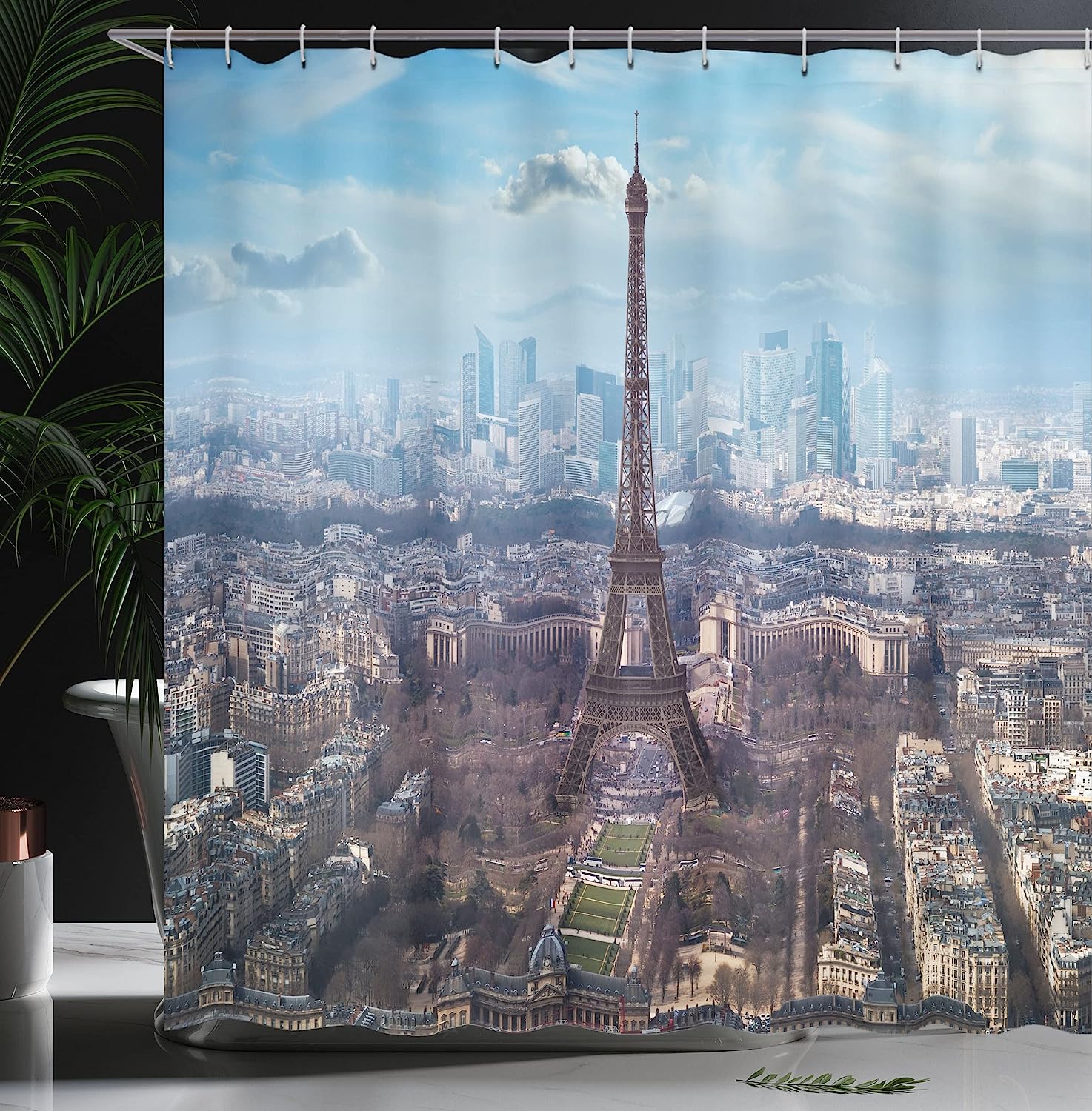 Aerial View Of Eiffel Tower Shower Curtain - Cloth Fabric Bathroom Decor In Pale Blue Brown - Image 3