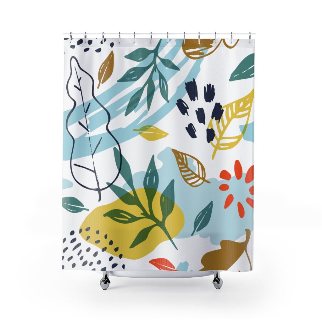 Aesthetic Botanical Floral Shower Curtain With Blue, Teal, And Yellow Color Scheme - Bring Some Color To Your Bathroom