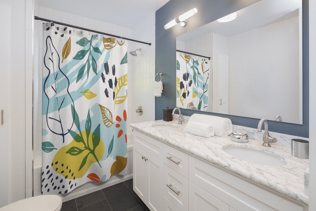 Aesthetic Botanical Floral Shower Curtain With Blue, Teal, And Yellow Color Scheme - Bring Some Color To Your Bathroom - Image 2