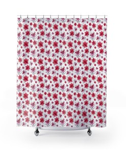 Aesthetic Festive Red Lily Floral Shower Curtain With Artistic Flowers Waterproof Fabric, Home Bath Decor Gift