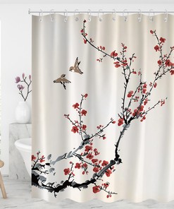 Aesthetic Plum Blossom Watercolor Floral Shower Curtain with Modern Fabric