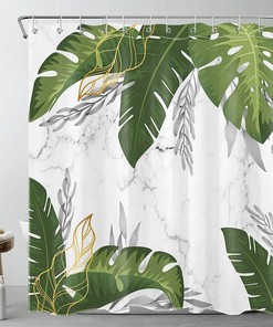 Aesthetic and Elegant Palm Leaf and Monstera Theme Shower Curtain with Green and Pink for Luxury Bathroom Design