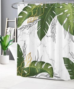 Aesthetic and Elegant Palm Leaf and Monstera Theme Shower Curtain with Green and Pink for Luxury Bathroom Design