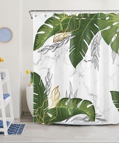 Aesthetic and Elegant Palm Leaf and Monstera Theme Shower Curtain with Green and Pink for Luxury Bathroom Design