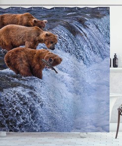 Africa Shower Curtain - Grizzly Bears Fishing In The River Waterfalls Cascade In Alaska Nature Camp View