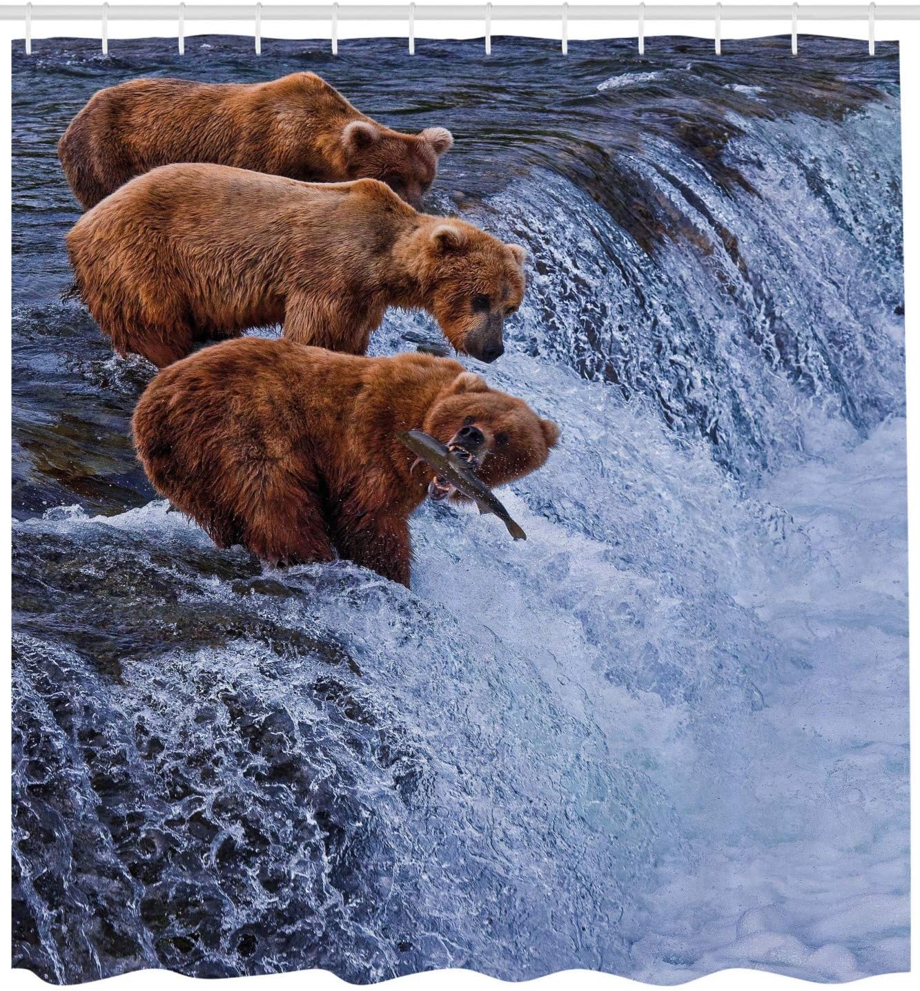 Africa Shower Curtain - Grizzly Bears Fishing In The River Waterfalls Cascade In Alaska Nature Camp View - Image 2