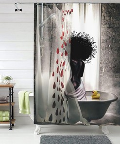 African American Afro Girl Shower Curtain With Elegant Prints, Bathroom Decor Accessory