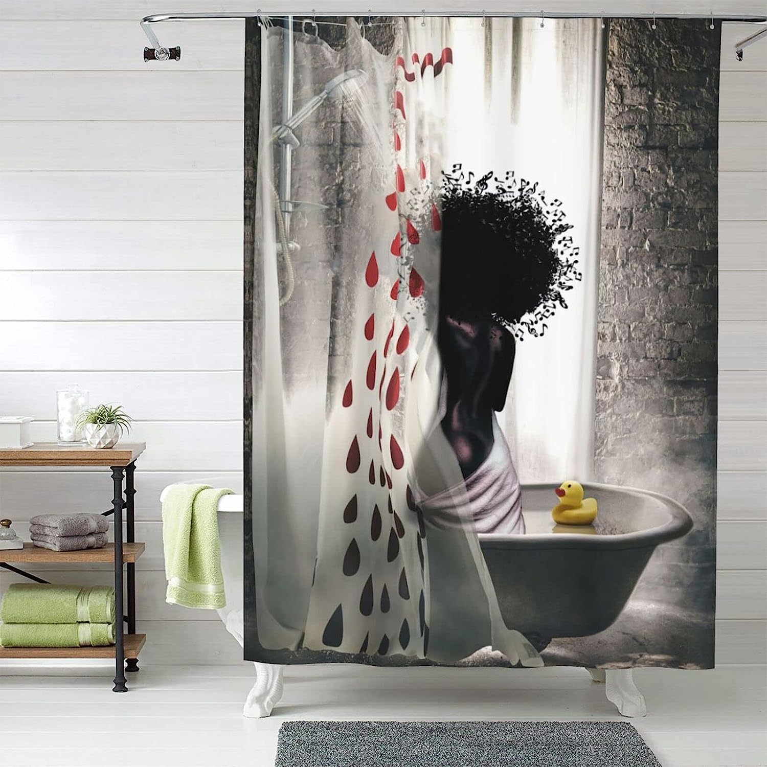 African American Afro Girl Shower Curtain With Elegant Prints, Bathroom Decor Accessory