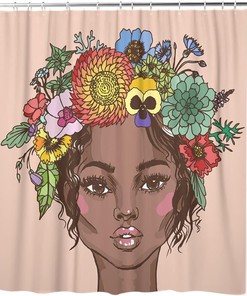 African American Beautiful Woman Floral Wreath Hand Drawn Fashion Portrait Shower Curtain - Hippie Afro Africa Machine